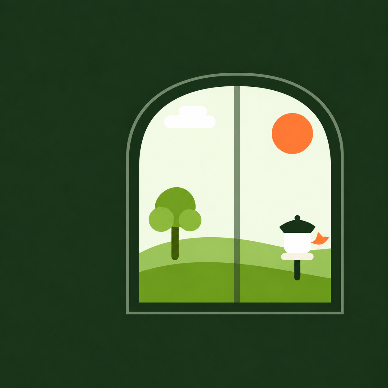 A window opening onto a backyard landscape and smart bird feeder