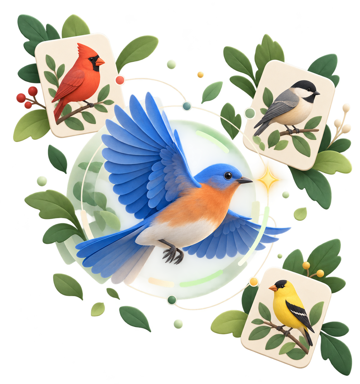 Illustration of AI bird identification around a smart feeder