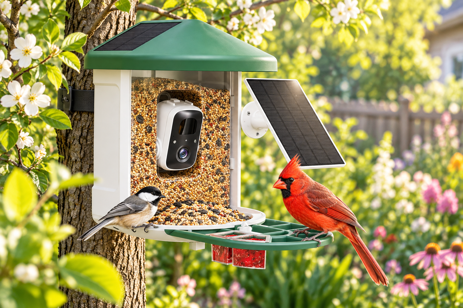 Birdnee smart feeder camera in a flowering garden with a cardinal and chickadee