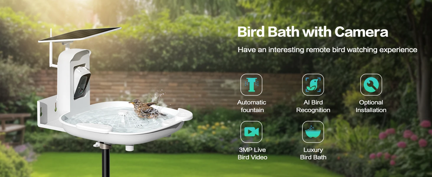 Bird Bath with camera, automatic fountain, AI recognition and solar power